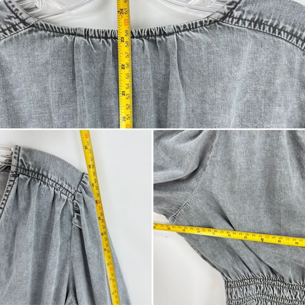 GAP Women’s Gray Denim Blouse V-Neck Smocked Waist Puff Long Sleeve Size L - Picture 12 of 16